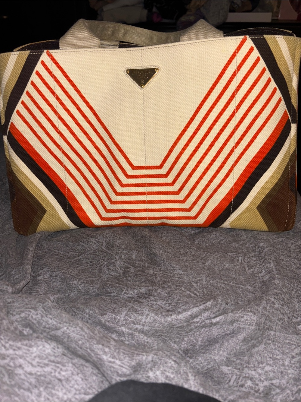 Prada Canvas Tote Bag with Orange Stripe Accent